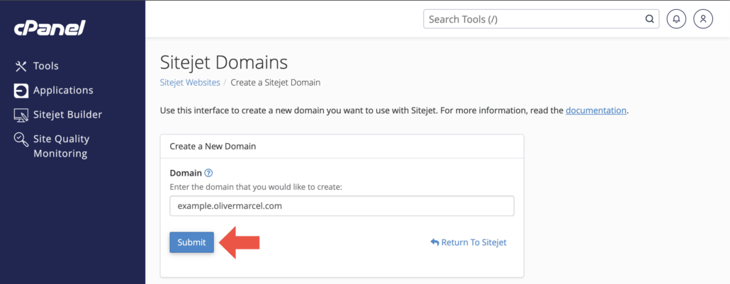 a screenshot of an arrow pointing at the submit button in the create a new domain form